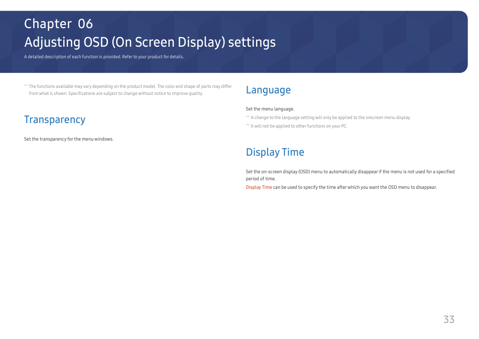 Adjusting osd (on screen display) settings, Transparency, Language | Display time, Adjusting osd (on screen, Display) settings, Transparency 33, Language 33, Display time 33, Chapter 06 | Samsung U32J590 31.5" 16:9 4K UHD LCD Monitor User Manual | Page 33 / 48