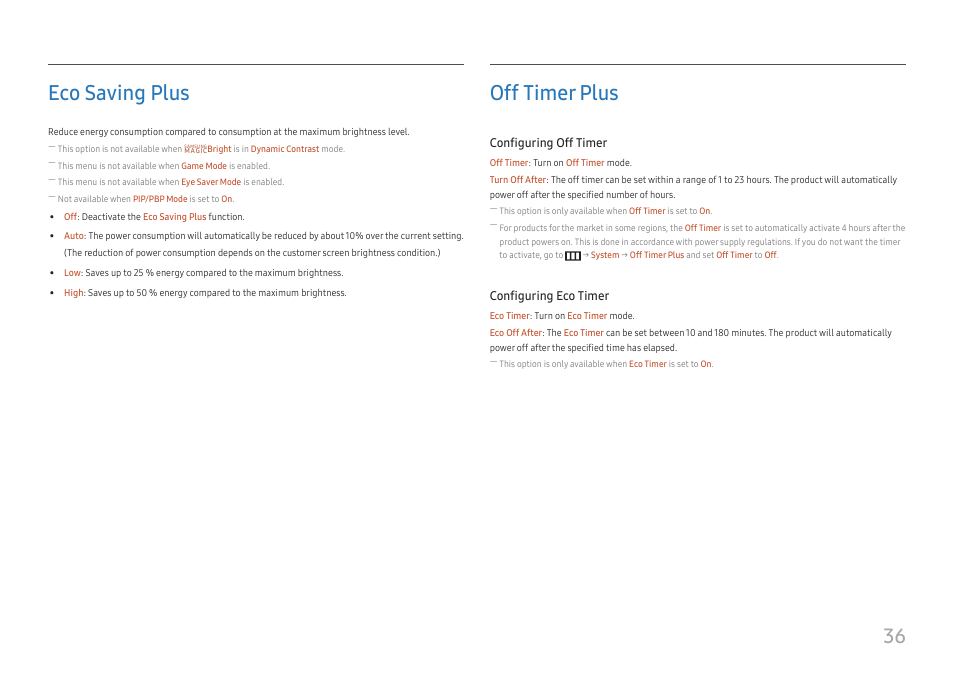 Eco saving plus, Off timer plus, Eco saving plus 36 | Off timer plus 36, 36 eco saving plus | Samsung U32J590 31.5" 16:9 4K UHD LCD Monitor User Manual | Page 36 / 48