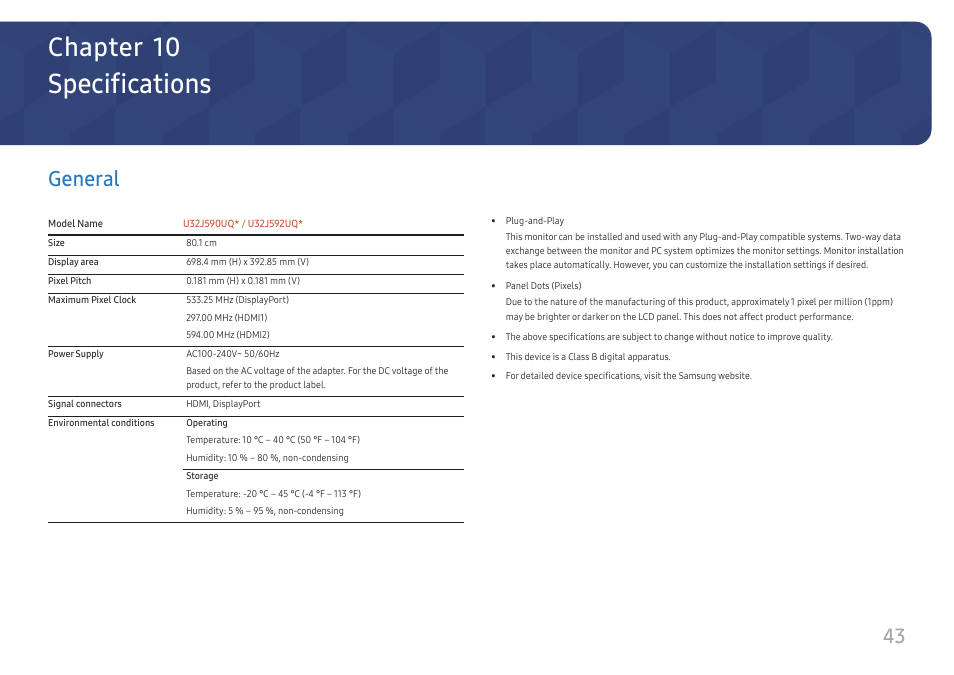 Specifications, General, General 43 | Chapter 10 | Samsung U32J590 31.5" 16:9 4K UHD LCD Monitor User Manual | Page 43 / 48