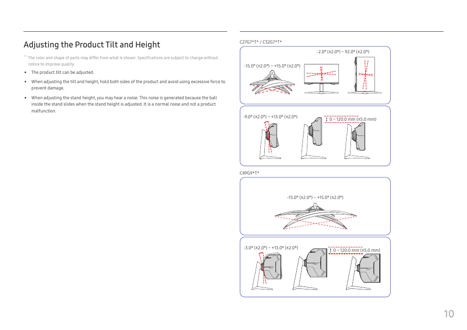 Adjusting the product tilt and height | Samsung 49" Odyssey G9 32:9 240 Hz Curved HDR G-SYNC VA Gaming Monitor User Manual | Page 10 / 46