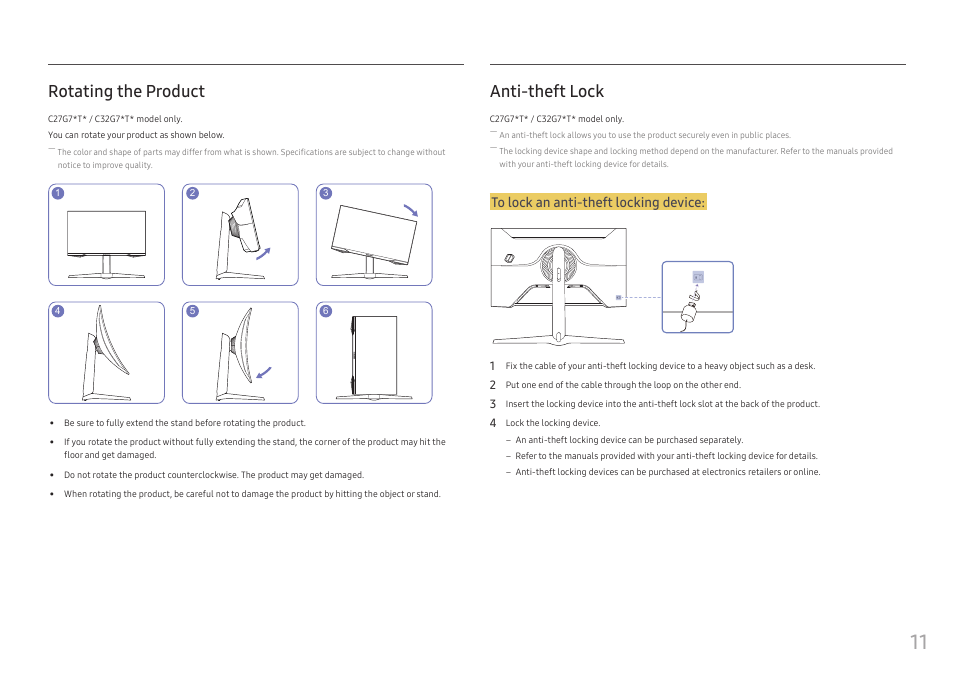 Rotating the product, Anti-theft lock | Samsung 49" Odyssey G9 32:9 240 Hz Curved HDR G-SYNC VA Gaming Monitor User Manual | Page 11 / 46