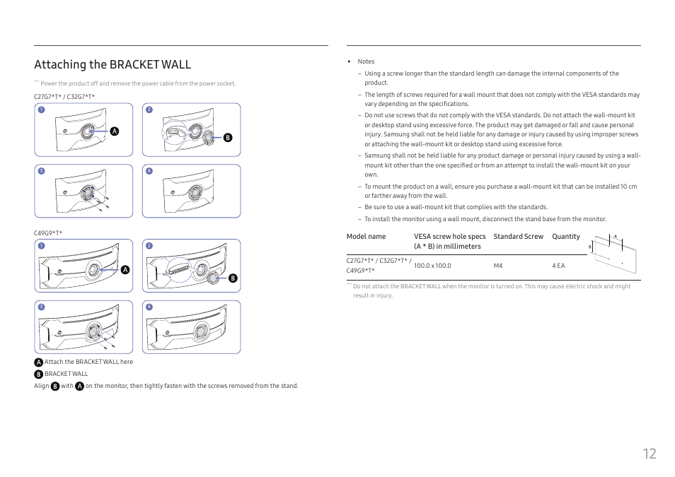Attaching the bracket wall | Samsung 49" Odyssey G9 32:9 240 Hz Curved HDR G-SYNC VA Gaming Monitor User Manual | Page 12 / 46