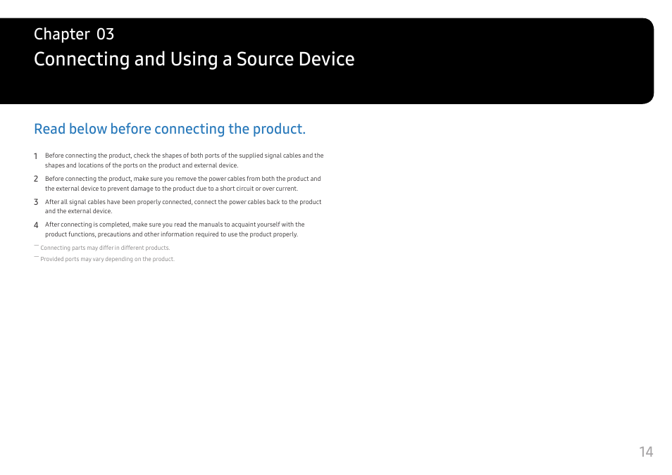 Connecting and using a source device, Read below before connecting the product, Chapter 03 | Samsung 49" Odyssey G9 32:9 240 Hz Curved HDR G-SYNC VA Gaming Monitor User Manual | Page 14 / 46
