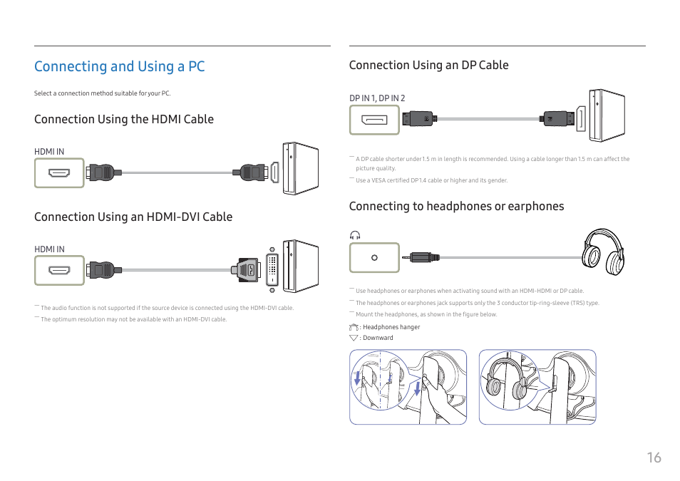 Connecting and using a pc, Connection using the hdmi cable, Connection using an hdmi-dvi cable | Connection using an dp cable, Connecting to headphones or earphones, 16 connecting and using a pc | Samsung 49" Odyssey G9 32:9 240 Hz Curved HDR G-SYNC VA Gaming Monitor User Manual | Page 16 / 46