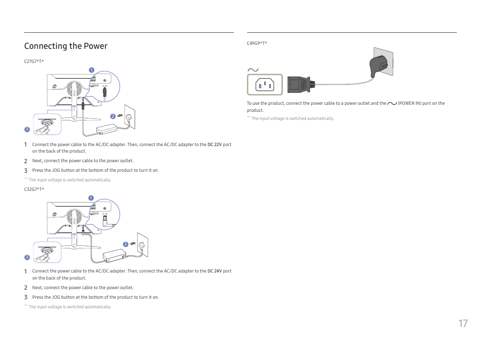 Connecting the power | Samsung 49" Odyssey G9 32:9 240 Hz Curved HDR G-SYNC VA Gaming Monitor User Manual | Page 17 / 46