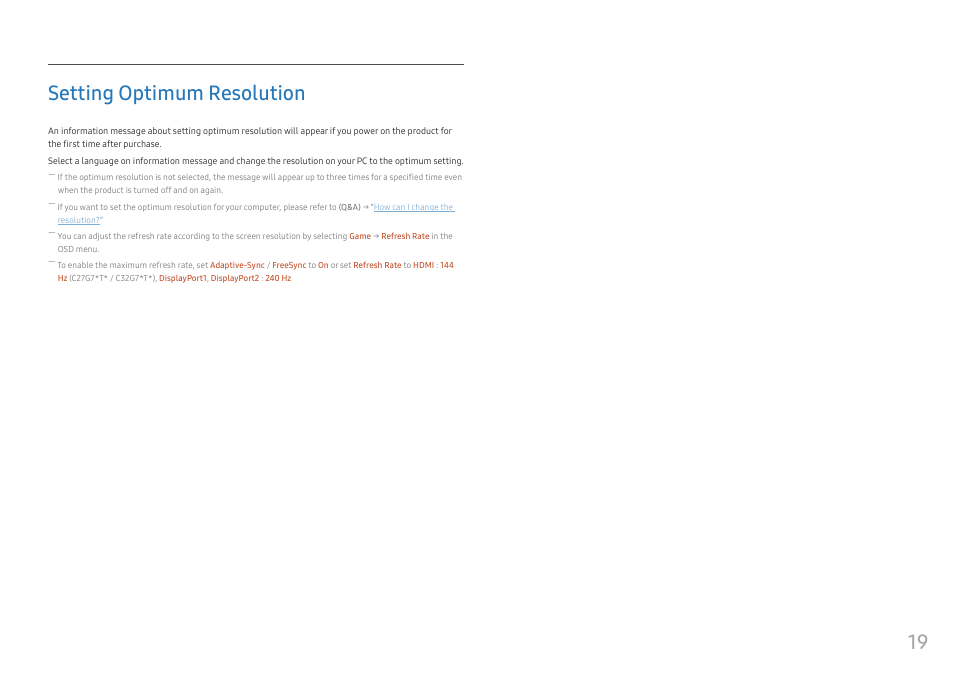 Setting optimum resolution, 19 setting optimum resolution | Samsung 49" Odyssey G9 32:9 240 Hz Curved HDR G-SYNC VA Gaming Monitor User Manual | Page 19 / 46