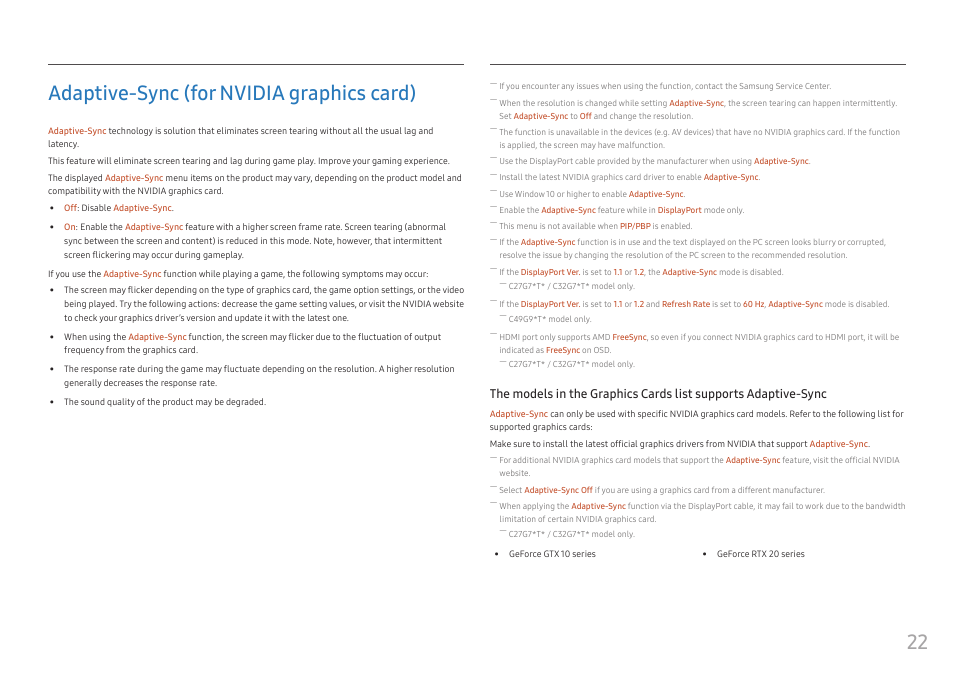 Adaptive-sync (for nvidia graphics card), 22 adaptive-sync (for nvidia graphics card) | Samsung 49" Odyssey G9 32:9 240 Hz Curved HDR G-SYNC VA Gaming Monitor User Manual | Page 22 / 46