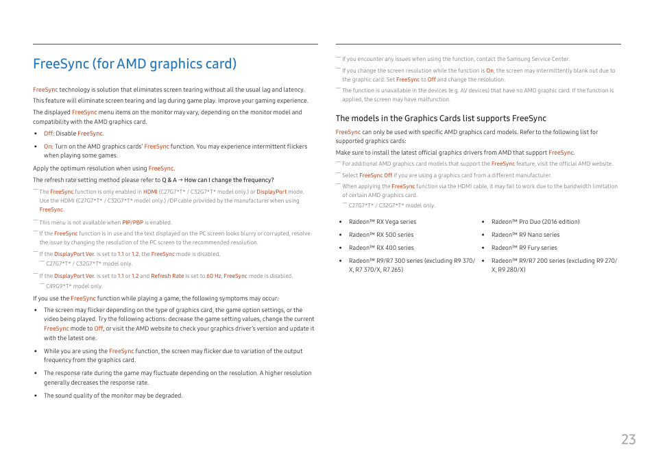 Freesync (for amd graphics card), 23 freesync (for amd graphics card) | Samsung 49" Odyssey G9 32:9 240 Hz Curved HDR G-SYNC VA Gaming Monitor User Manual | Page 23 / 46