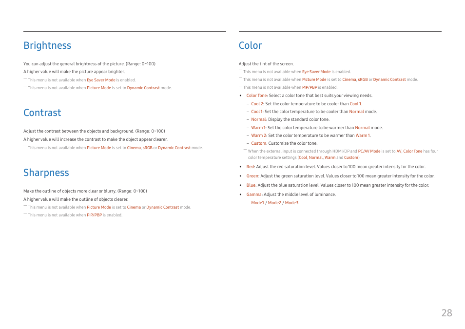 Brightness, Contrast, Sharpness | Color, Brightness 28, Contrast 28, Sharpness 28, Color 28, 28 brightness | Samsung 49" Odyssey G9 32:9 240 Hz Curved HDR G-SYNC VA Gaming Monitor User Manual | Page 28 / 46