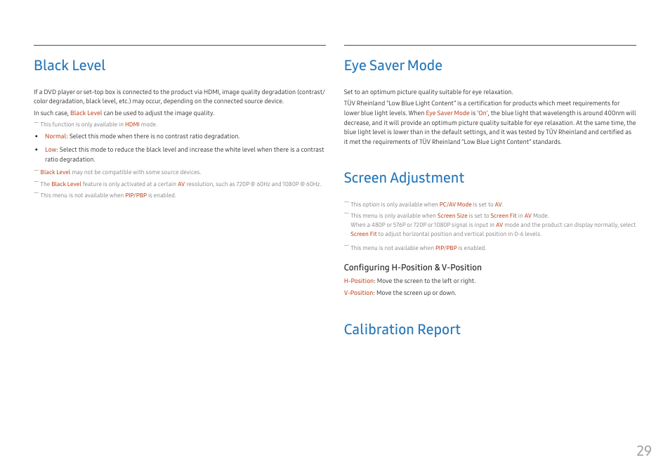 Black level, Eye saver mode, Screen adjustment | Calibration report, Black level 29, Eye saver mode 29, Screen adjustment 29, Calibration report 29, 29 black level | Samsung 49" Odyssey G9 32:9 240 Hz Curved HDR G-SYNC VA Gaming Monitor User Manual | Page 29 / 46