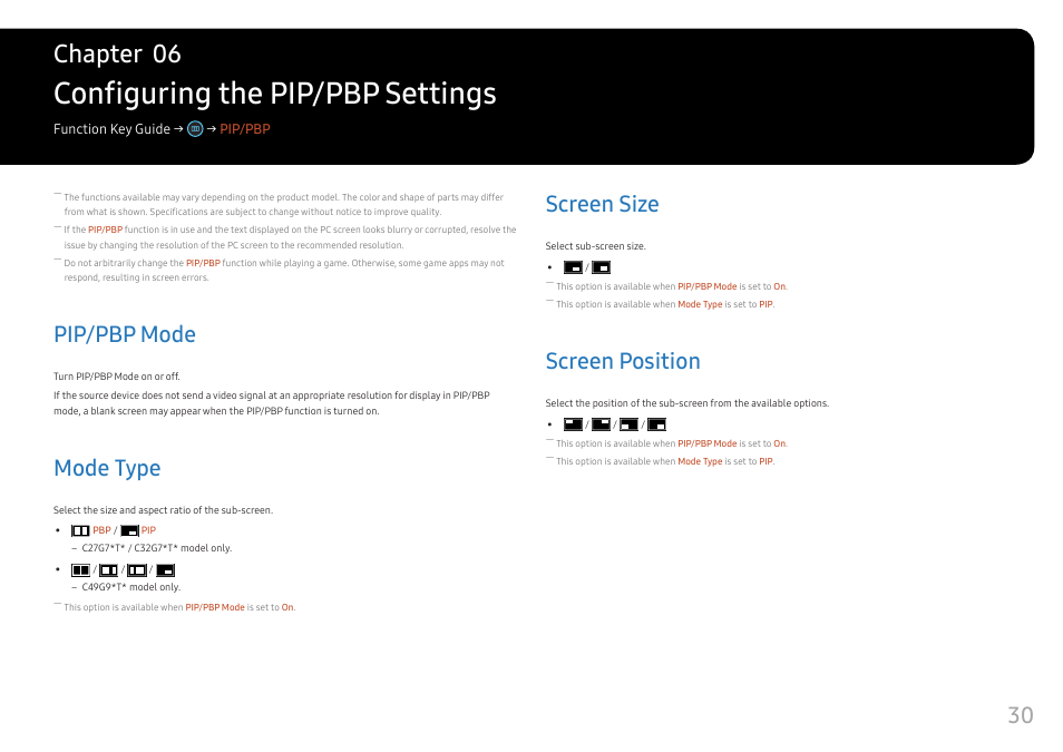 Configuring the pip/pbp settings, Pip/pbp mode, Mode type | Screen size, Screen position, Pip/pbp mode 30, Mode type 30, Screen size 30, Screen position 30, Chapter 06 | Samsung 49" Odyssey G9 32:9 240 Hz Curved HDR G-SYNC VA Gaming Monitor User Manual | Page 30 / 46