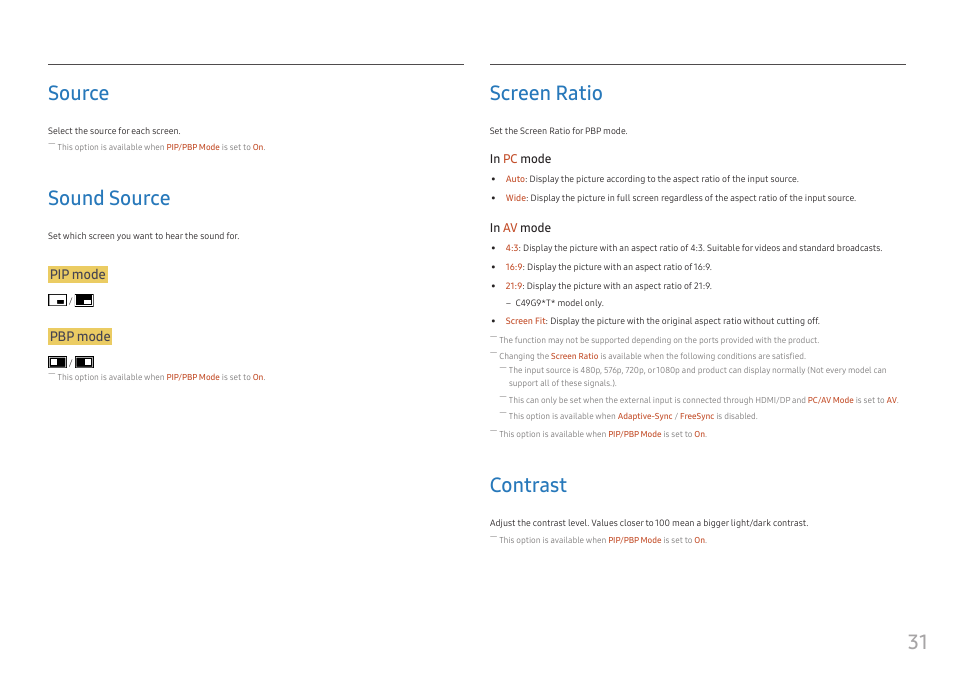 Source, Sound source, Screen ratio | Contrast, Source 31, Sound source 31, Screen ratio 31, Contrast 31, 31 source, Pip mode | Samsung 49" Odyssey G9 32:9 240 Hz Curved HDR G-SYNC VA Gaming Monitor User Manual | Page 31 / 46