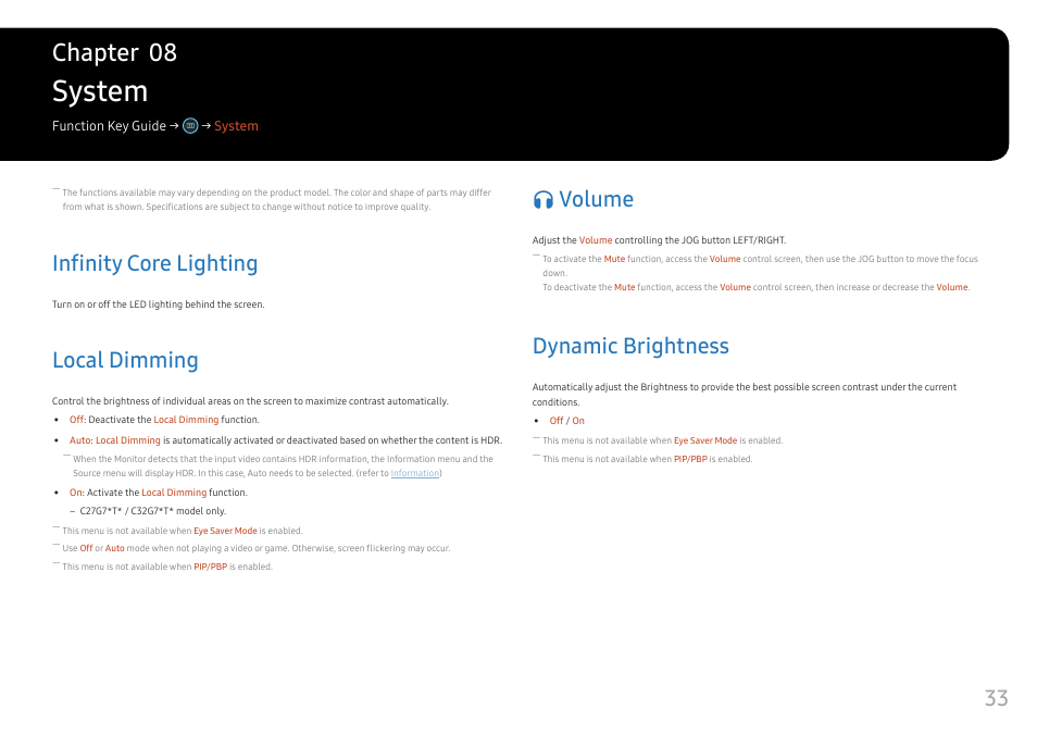 System, Infinity core lighting, Local dimming | Volume, Dynamic brightness, Local dimming 33, Volume 33, Dynamic brightness 33, Chapter 08, Âvolume | Samsung 49" Odyssey G9 32:9 240 Hz Curved HDR G-SYNC VA Gaming Monitor User Manual | Page 33 / 46