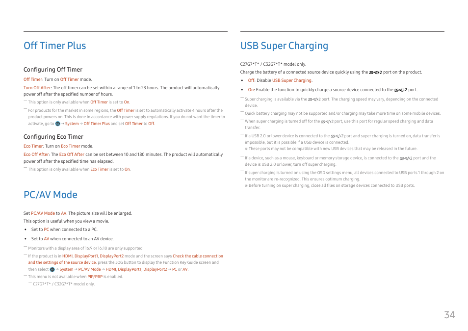 Off timer plus, Pc/av mode, Usb super charging | Off timer plus 34, Pc/av mode 34, Usb super charging 34, 34 off timer plus, Configuring off timer, Configuring eco timer | Samsung 49" Odyssey G9 32:9 240 Hz Curved HDR G-SYNC VA Gaming Monitor User Manual | Page 34 / 46