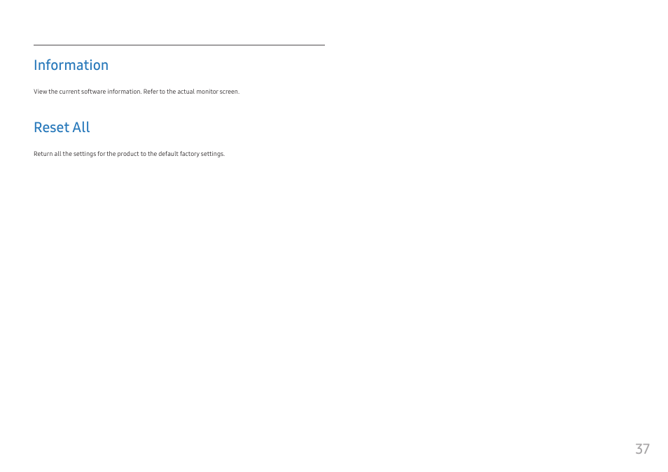 Information, Reset all, Information 37 | Reset all 37, 37 information | Samsung 49" Odyssey G9 32:9 240 Hz Curved HDR G-SYNC VA Gaming Monitor User Manual | Page 37 / 46