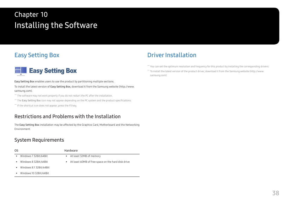 Installing the software, Easy setting box, Restrictions and problems with the installation | System requirements, Driver installation, Chapter 10 | Samsung 49" Odyssey G9 32:9 240 Hz Curved HDR G-SYNC VA Gaming Monitor User Manual | Page 38 / 46