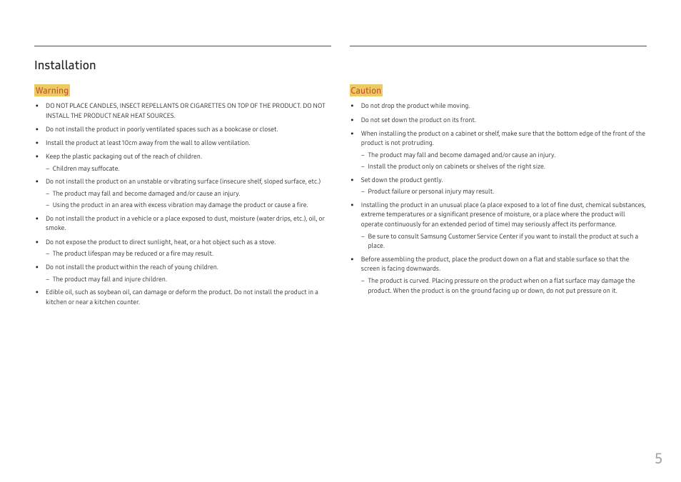 Installation, Installation 5, Warning | Caution | Samsung 49" Odyssey G9 32:9 240 Hz Curved HDR G-SYNC VA Gaming Monitor User Manual | Page 5 / 46