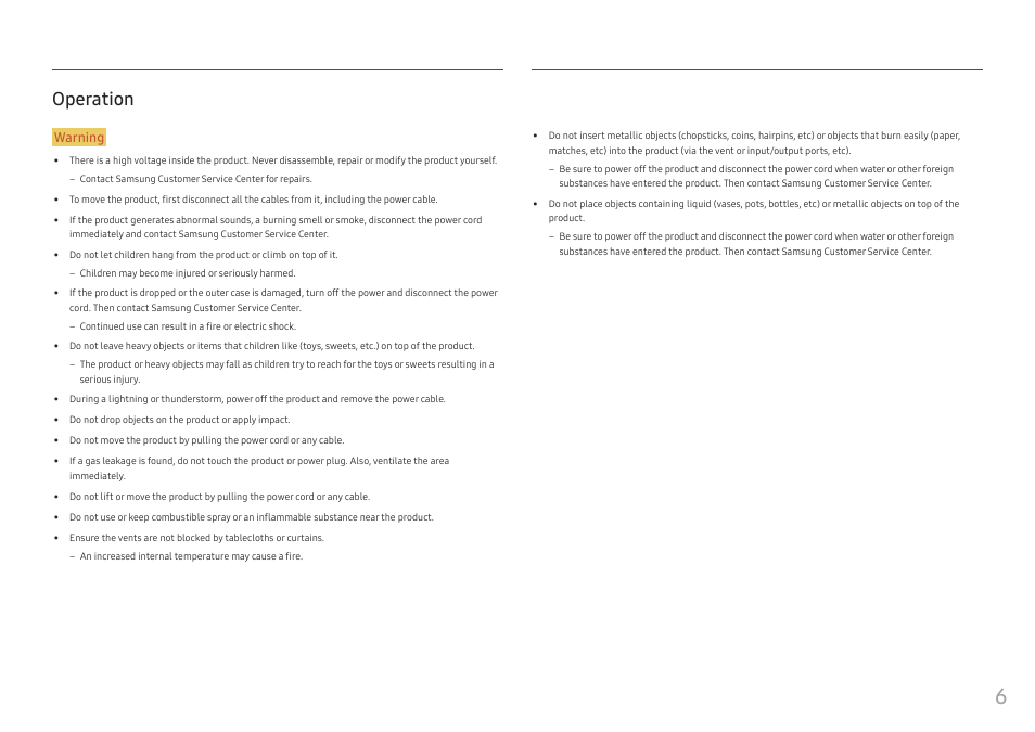 Operation, Operation 6, Warning | Samsung 49" Odyssey G9 32:9 240 Hz Curved HDR G-SYNC VA Gaming Monitor User Manual | Page 6 / 46