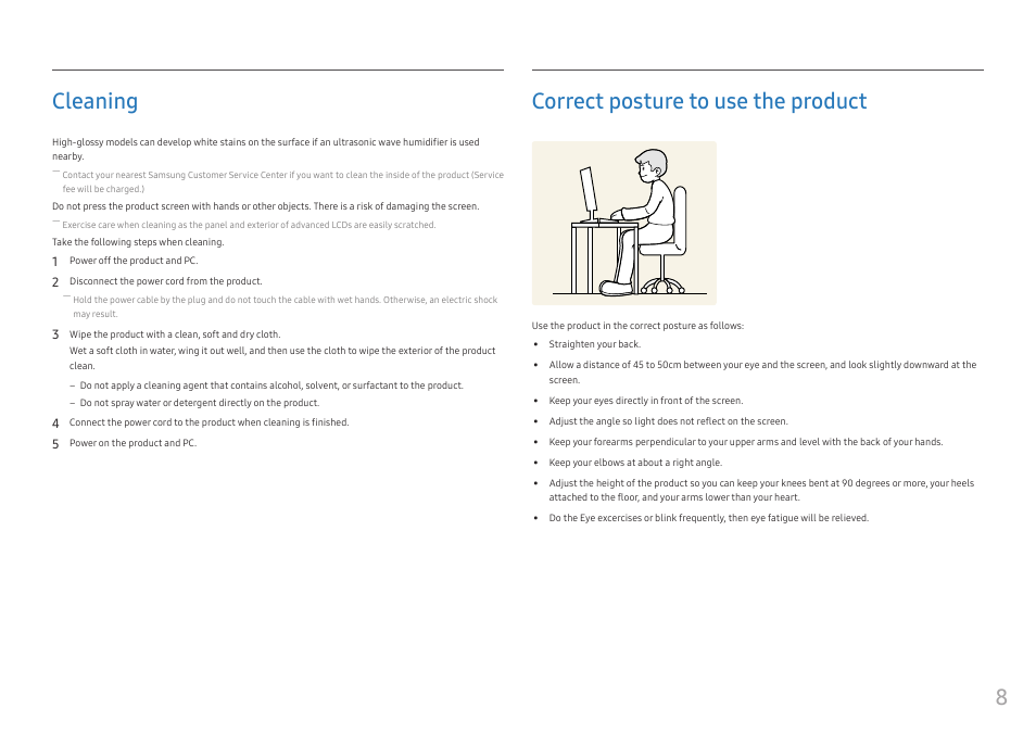 Cleaning, Correct posture to use the product, Cleaning 8 | 8cleaning | Samsung 49" Odyssey G9 32:9 240 Hz Curved HDR G-SYNC VA Gaming Monitor User Manual | Page 8 / 46