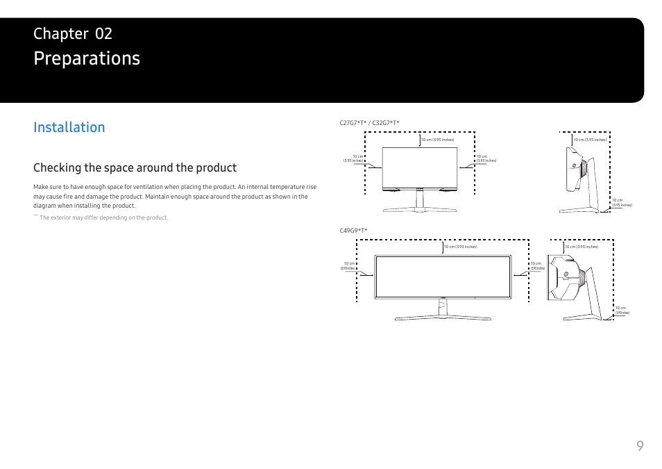 Preparations, Installation, Checking the space around the product | Installation 9, Chapter 02 | Samsung 49" Odyssey G9 32:9 240 Hz Curved HDR G-SYNC VA Gaming Monitor User Manual | Page 9 / 46