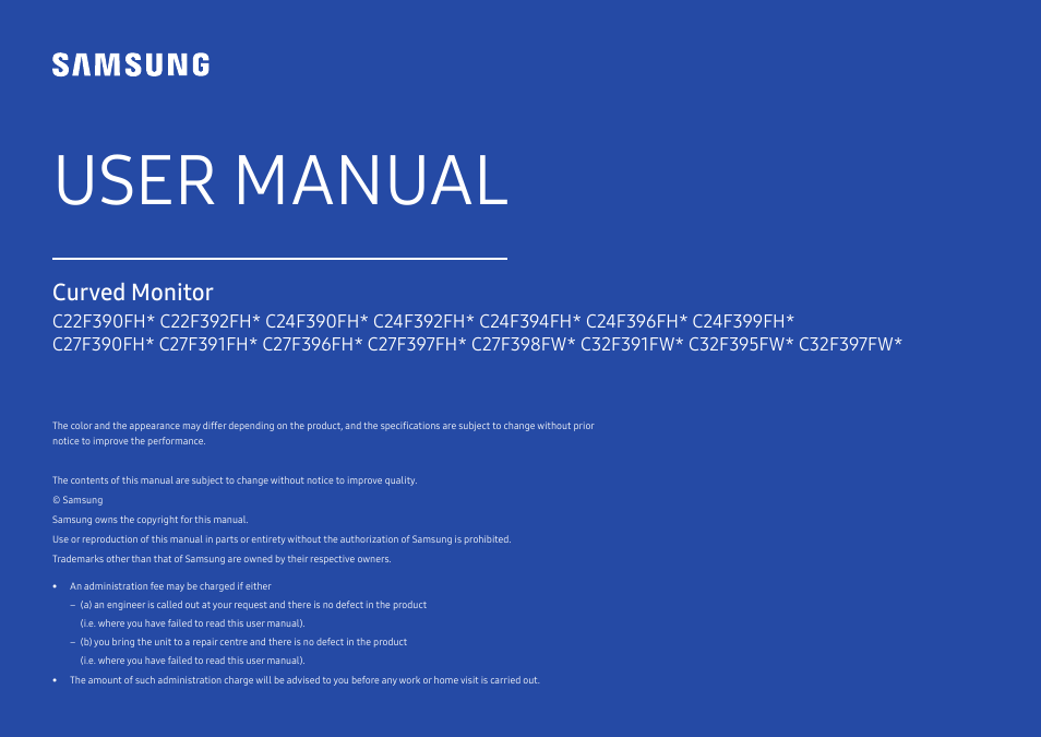 Samsung 390 Series C24F390 24" 16:9 Curved FreeSync LCD Monitor User Manual | 46 pages