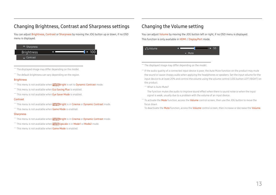 Changing the volume setting, Changing brightness, contrast and sharpness, Settings 13 changing the volume setting | Brightness | Samsung 390 Series C24F390 24" 16:9 Curved FreeSync LCD Monitor User Manual | Page 13 / 46