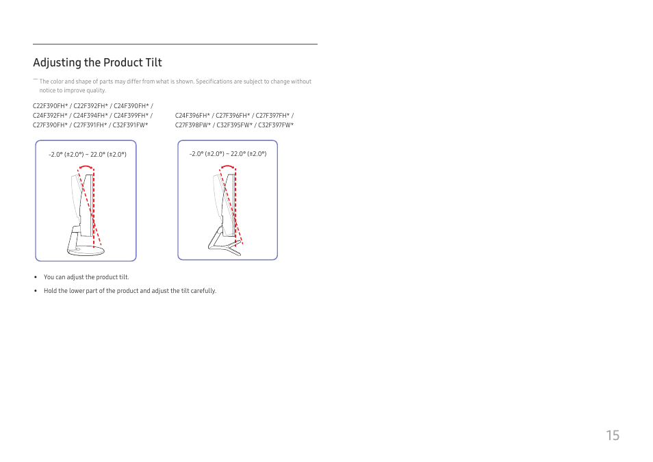 Adjusting the product tilt | Samsung 390 Series C24F390 24" 16:9 Curved FreeSync LCD Monitor User Manual | Page 15 / 46