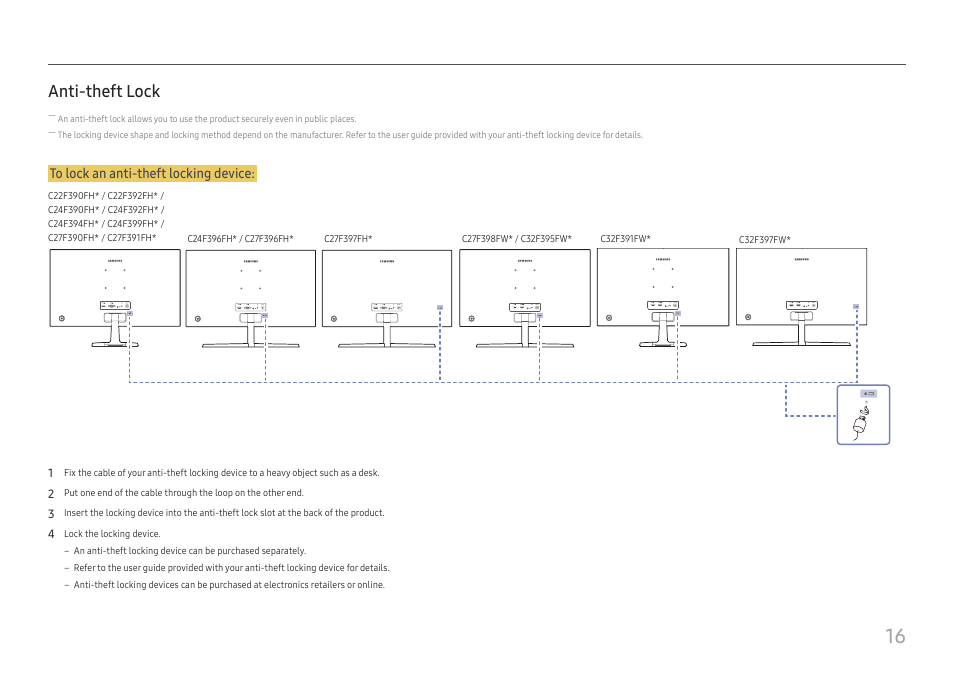 Anti-theft lock | Samsung 390 Series C24F390 24" 16:9 Curved FreeSync LCD Monitor User Manual | Page 16 / 46