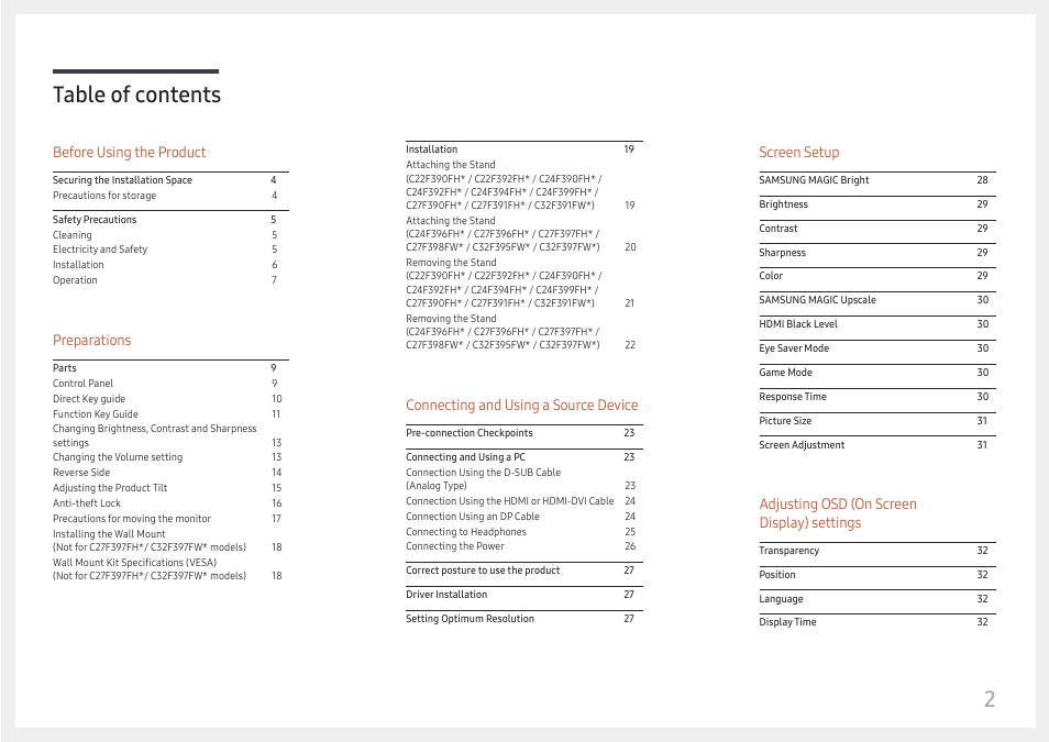 Samsung 390 Series C24F390 24" 16:9 Curved FreeSync LCD Monitor User Manual | Page 2 / 46