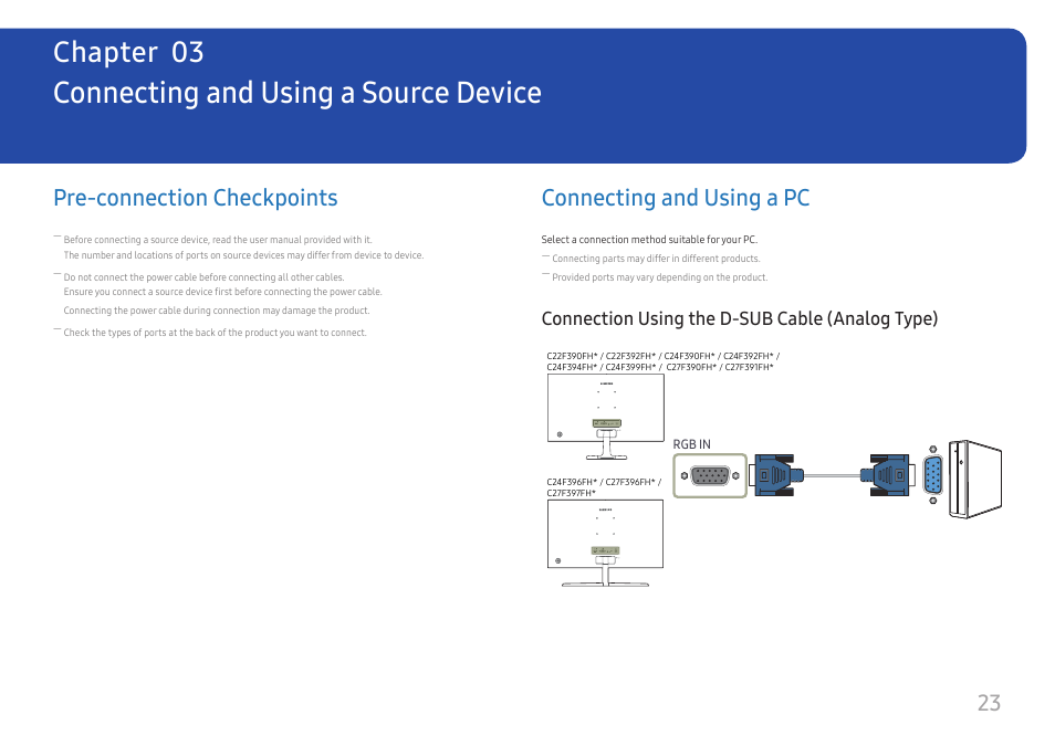 Connecting and using a source device, Pre-connection checkpoints, Connecting and using a pc | Connection using the d-sub cable (analog type), Connection using the d-sub cable, Analog type), Chapter 03 | Samsung 390 Series C24F390 24" 16:9 Curved FreeSync LCD Monitor User Manual | Page 23 / 46