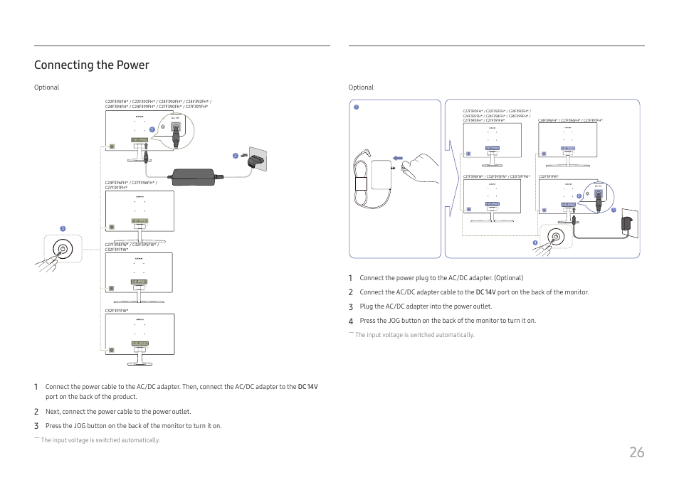 Connecting the power | Samsung 390 Series C24F390 24" 16:9 Curved FreeSync LCD Monitor User Manual | Page 26 / 46