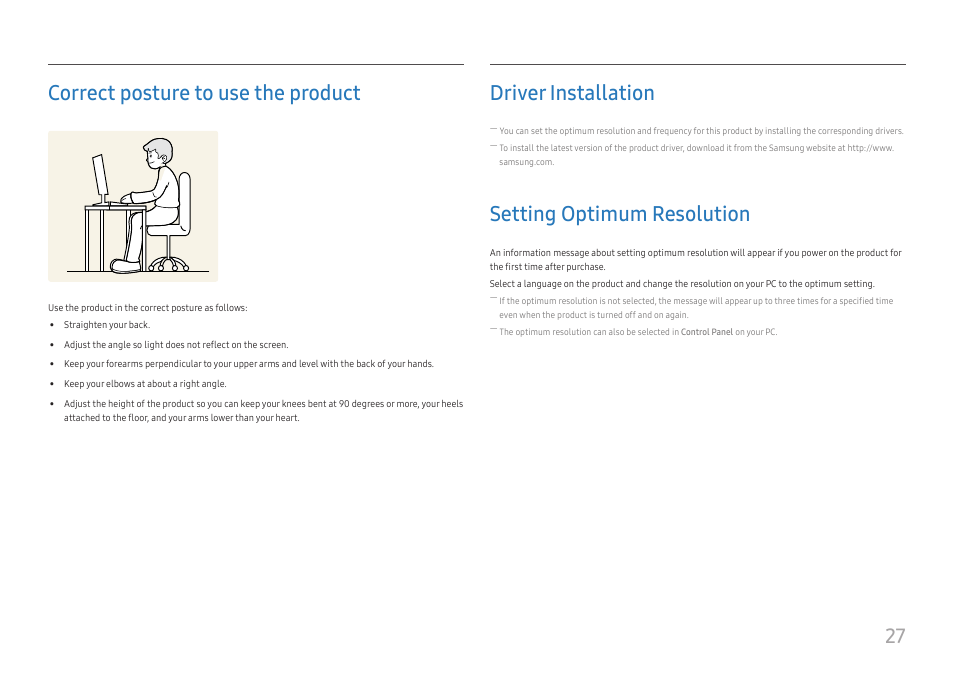 Correct posture to use the product, Driver installation, Setting optimum resolution | 27 correct posture to use the product | Samsung 390 Series C24F390 24" 16:9 Curved FreeSync LCD Monitor User Manual | Page 27 / 46