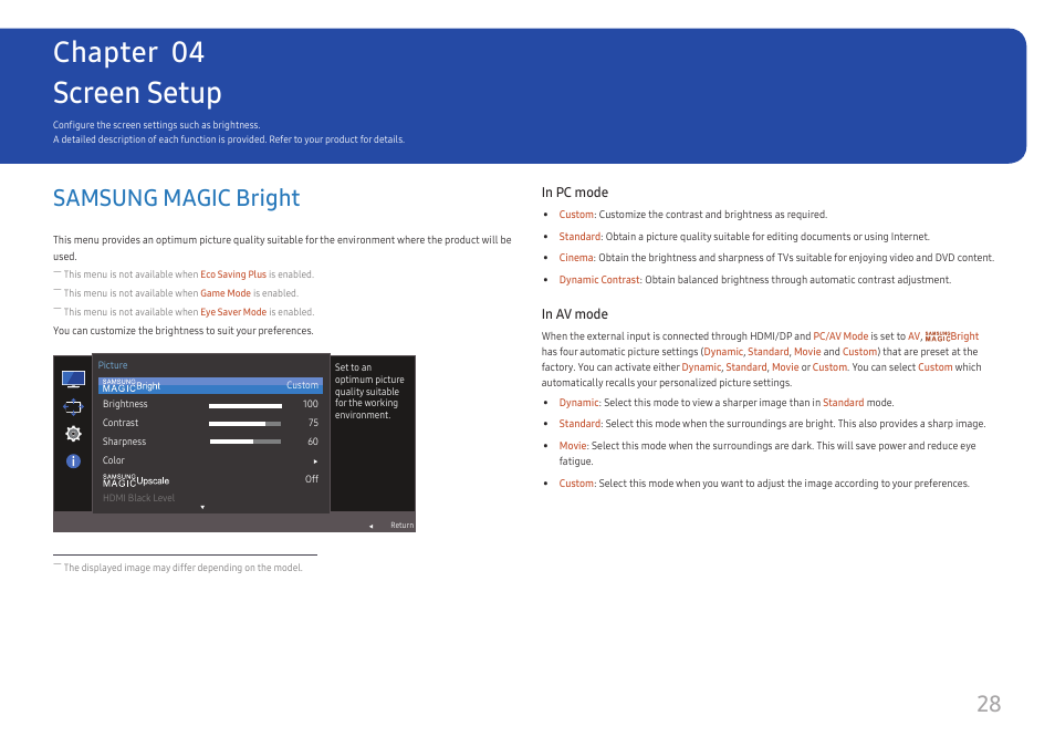 Screen setup, Samsung magic bright, Chapter 04 | Samsung 390 Series C24F390 24" 16:9 Curved FreeSync LCD Monitor User Manual | Page 28 / 46