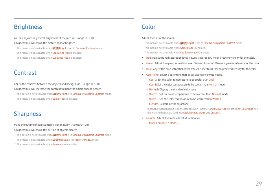 Brightness, Contrast, Sharpness | Color, Brightness 29, Contrast 29, Sharpness 29, Color 29, 29 brightness | Samsung 390 Series C24F390 24" 16:9 Curved FreeSync LCD Monitor User Manual | Page 29 / 46