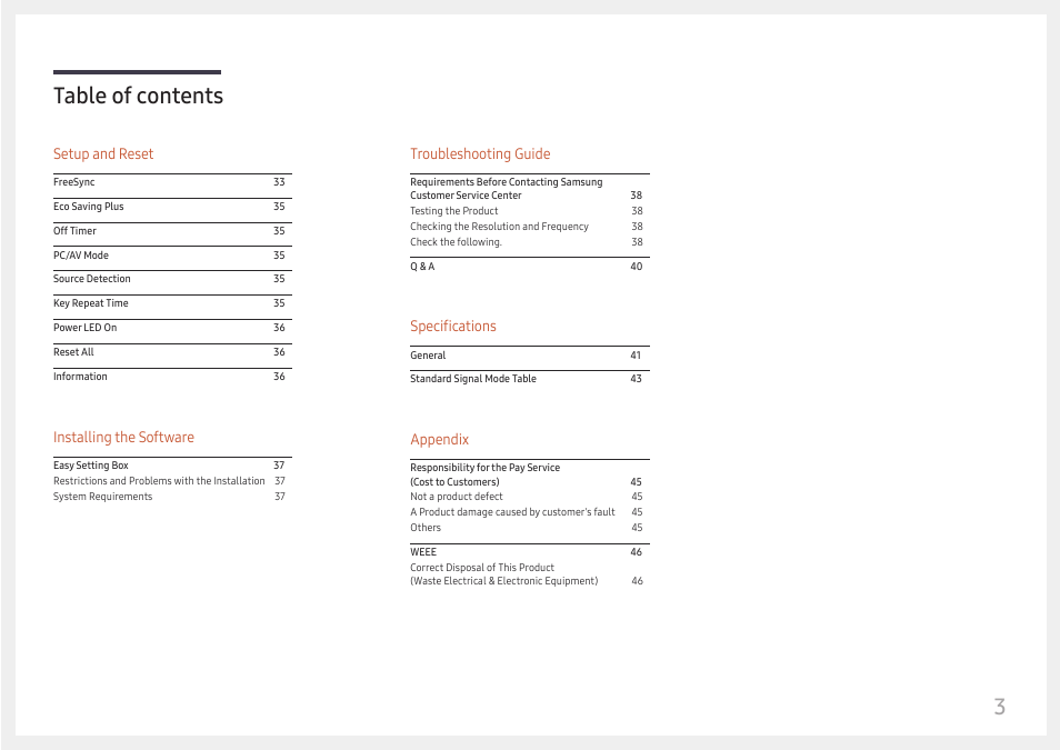 Table of contents 3, Troubleshooting guide, Specifications | Appendix, Setup and reset, Installing the software | Samsung 390 Series C24F390 24" 16:9 Curved FreeSync LCD Monitor User Manual | Page 3 / 46
