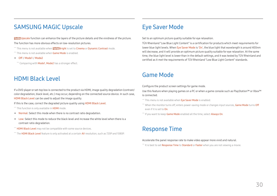 Samsung magic upscale, Hdmi black level, Eye saver mode | Game mode, Response time, Hdmi black level 30, Eye saver mode 30, Game mode 30, Response time 30, 30 samsung magic upscale | Samsung 390 Series C24F390 24" 16:9 Curved FreeSync LCD Monitor User Manual | Page 30 / 46