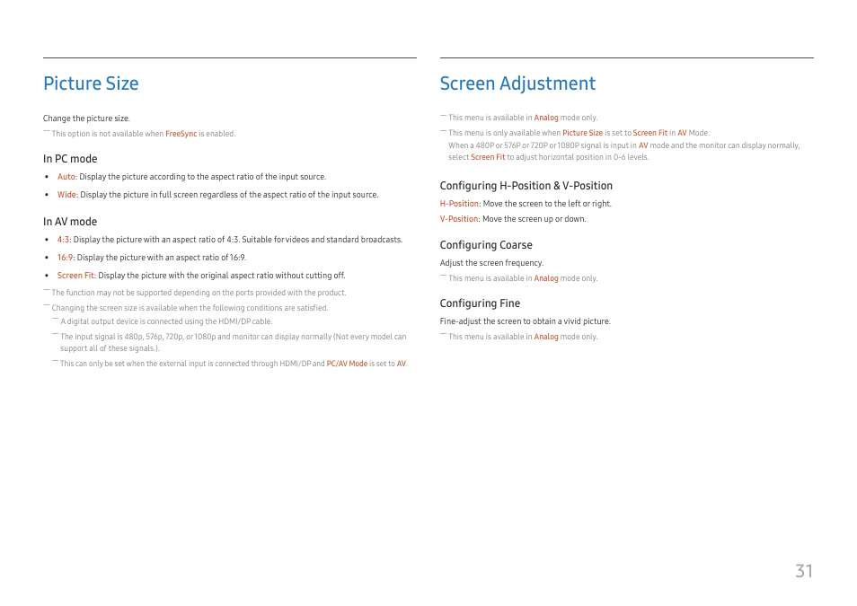 Picture size, Screen adjustment, Picture size 31 | Screen adjustment 31, 31 picture size | Samsung 390 Series C24F390 24" 16:9 Curved FreeSync LCD Monitor User Manual | Page 31 / 46