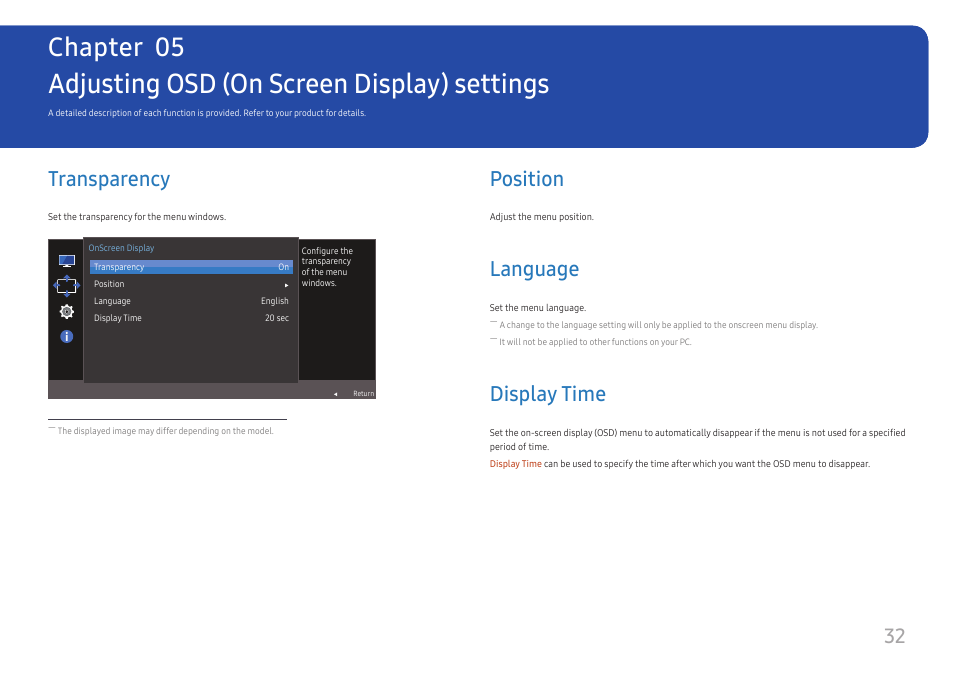 Adjusting osd (on screen display) settings, Transparency, Position | Language, Display time, Adjusting osd (on screen, Display) settings, Transparency 32, Position 32, Language 32 | Samsung 390 Series C24F390 24" 16:9 Curved FreeSync LCD Monitor User Manual | Page 32 / 46