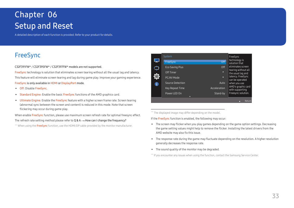 Setup and reset, Freesync, Freesync 33 | Chapter 06 | Samsung 390 Series C24F390 24" 16:9 Curved FreeSync LCD Monitor User Manual | Page 33 / 46
