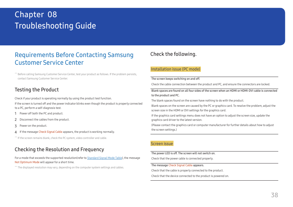 Troubleshooting guide, Testing the product, Checking the resolution and frequency | Check the following, Requirements before contacting samsung, Customer service center, Chapter 08 | Samsung 390 Series C24F390 24" 16:9 Curved FreeSync LCD Monitor User Manual | Page 38 / 46