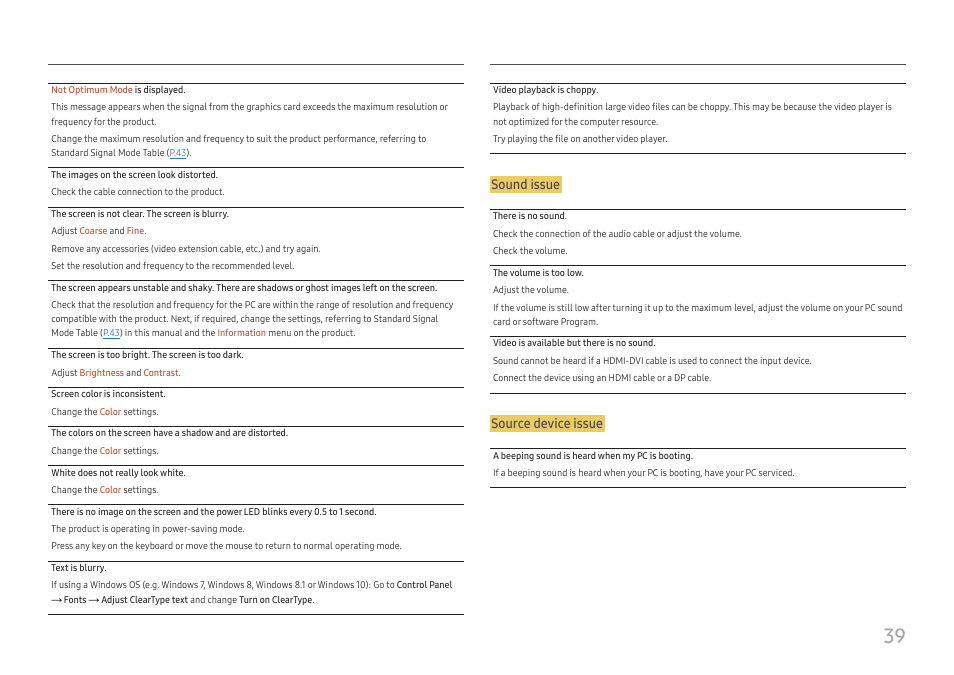 Sound issue, Source device issue | Samsung 390 Series C24F390 24" 16:9 Curved FreeSync LCD Monitor User Manual | Page 39 / 46