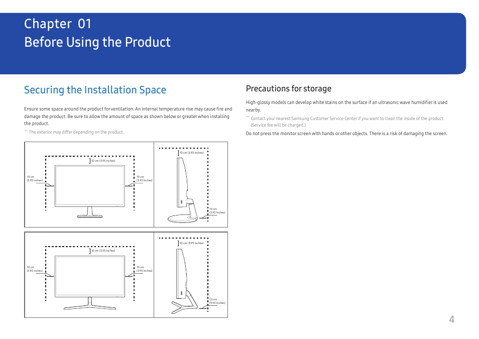 Before using the product, Securing the installation space, Precautions for storage | Chapter 01, 4securing the installation space | Samsung 390 Series C24F390 24" 16:9 Curved FreeSync LCD Monitor User Manual | Page 4 / 46