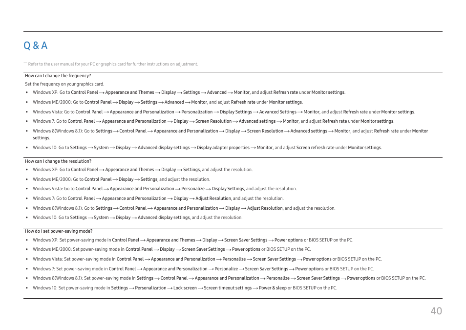 Q & a, 40 q & a | Samsung 390 Series C24F390 24" 16:9 Curved FreeSync LCD Monitor User Manual | Page 40 / 46