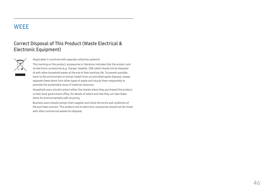 Weee, Weee 46, Correct disposal of this product | Waste electrical & electronic equipment), 46 weee | Samsung 390 Series C24F390 24" 16:9 Curved FreeSync LCD Monitor User Manual | Page 46 / 46