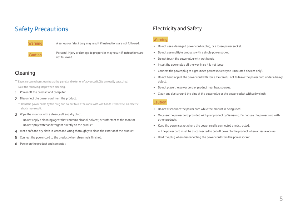 Safety precautions, Cleaning, Electricity and safety | Cleaning 5 electricity and safety, 5safety precautions | Samsung 390 Series C24F390 24" 16:9 Curved FreeSync LCD Monitor User Manual | Page 5 / 46