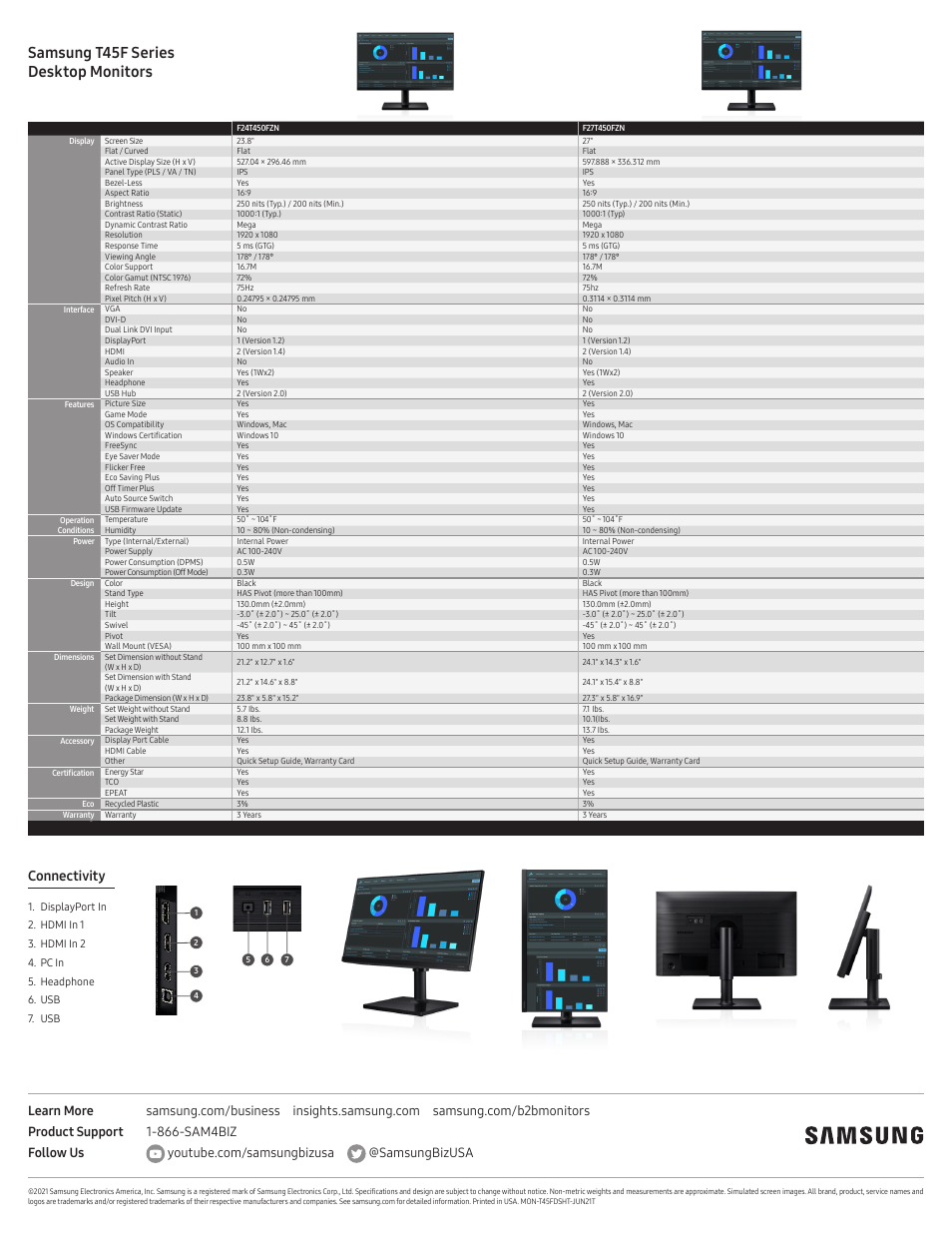 Samsung t45f series desktop monitors, Connectivity | Samsung T45F 23.8" Monitor User Manual | Page 2 / 2