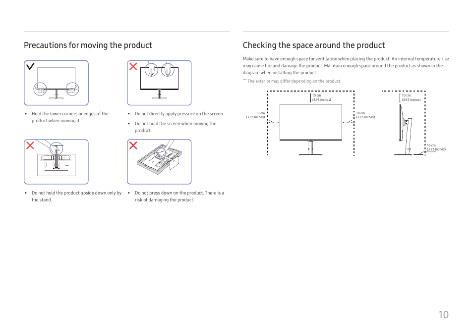 Precautions for moving the product, Checking the space around the product | Samsung ViewFinity S8 32" 4K HDR Monitor User Manual | Page 10 / 43