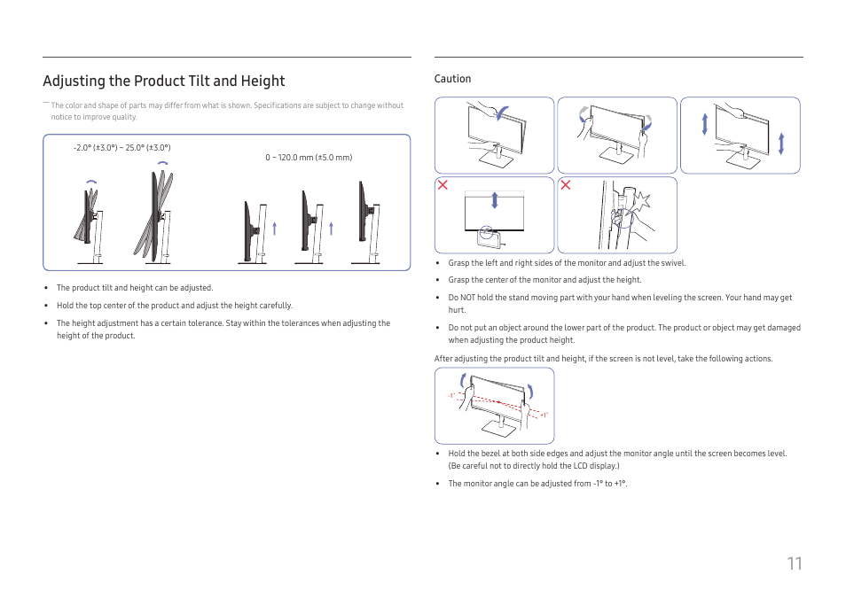 Adjusting the product tilt and height | Samsung ViewFinity S8 32" 4K HDR Monitor User Manual | Page 11 / 43