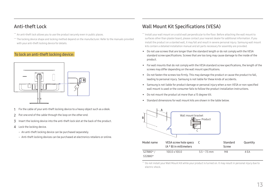 Anti-theft lock, Wall mount kit specifications (vesa) | Samsung ViewFinity S8 32" 4K HDR Monitor User Manual | Page 13 / 43