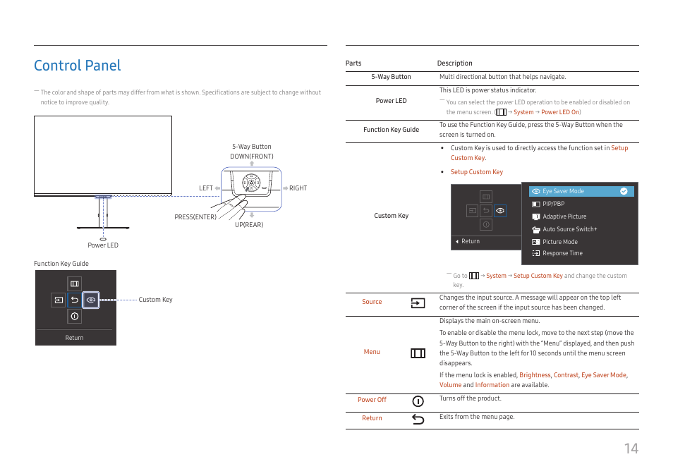 Control panel, 14 control panel | Samsung ViewFinity S8 32" 4K HDR Monitor User Manual | Page 14 / 43